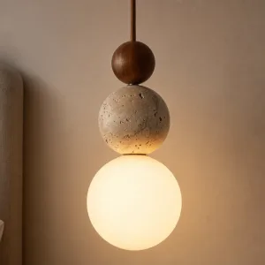 Travertin stenen kroonluchter lange LED hanglamp houten hanglamp
